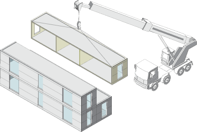 Isometric illustration of on-site modular assembly