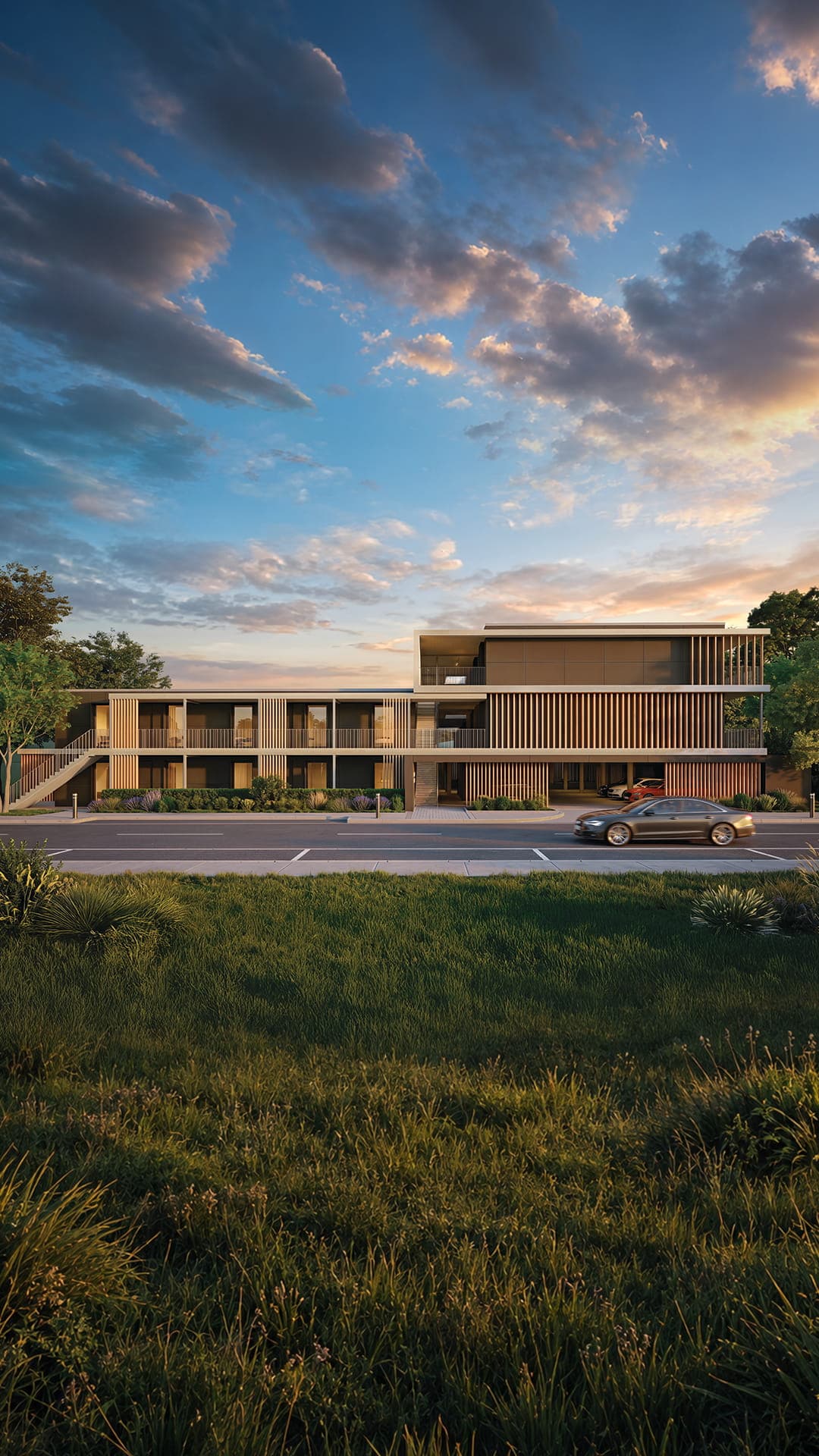Modern multistory apartment buildings with landscaped grounds