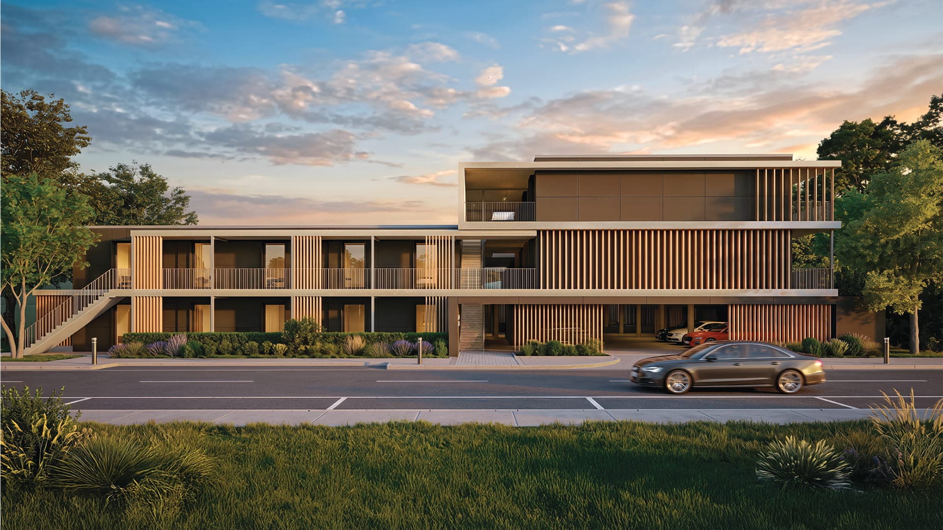 Modern multistory apartment buildings with landscaped grounds