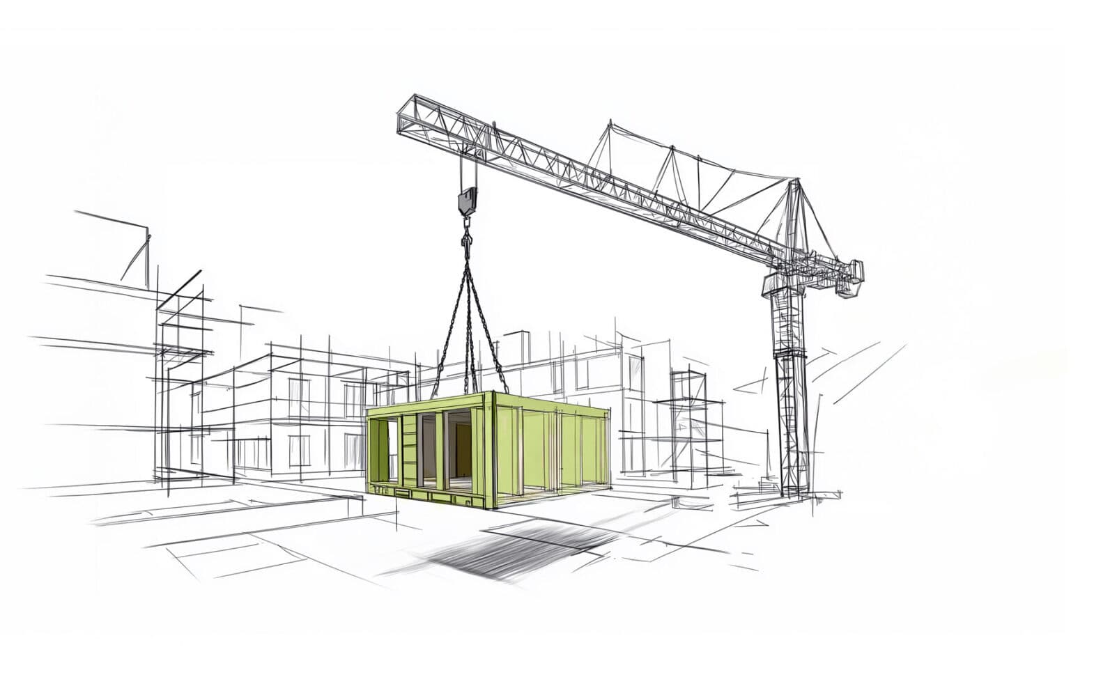 Technical illustration of a crane lifting a green modular unit onto a building structure