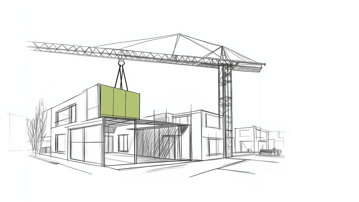 Technical illustration of a crane installing a green panelized wall system on a building frame
