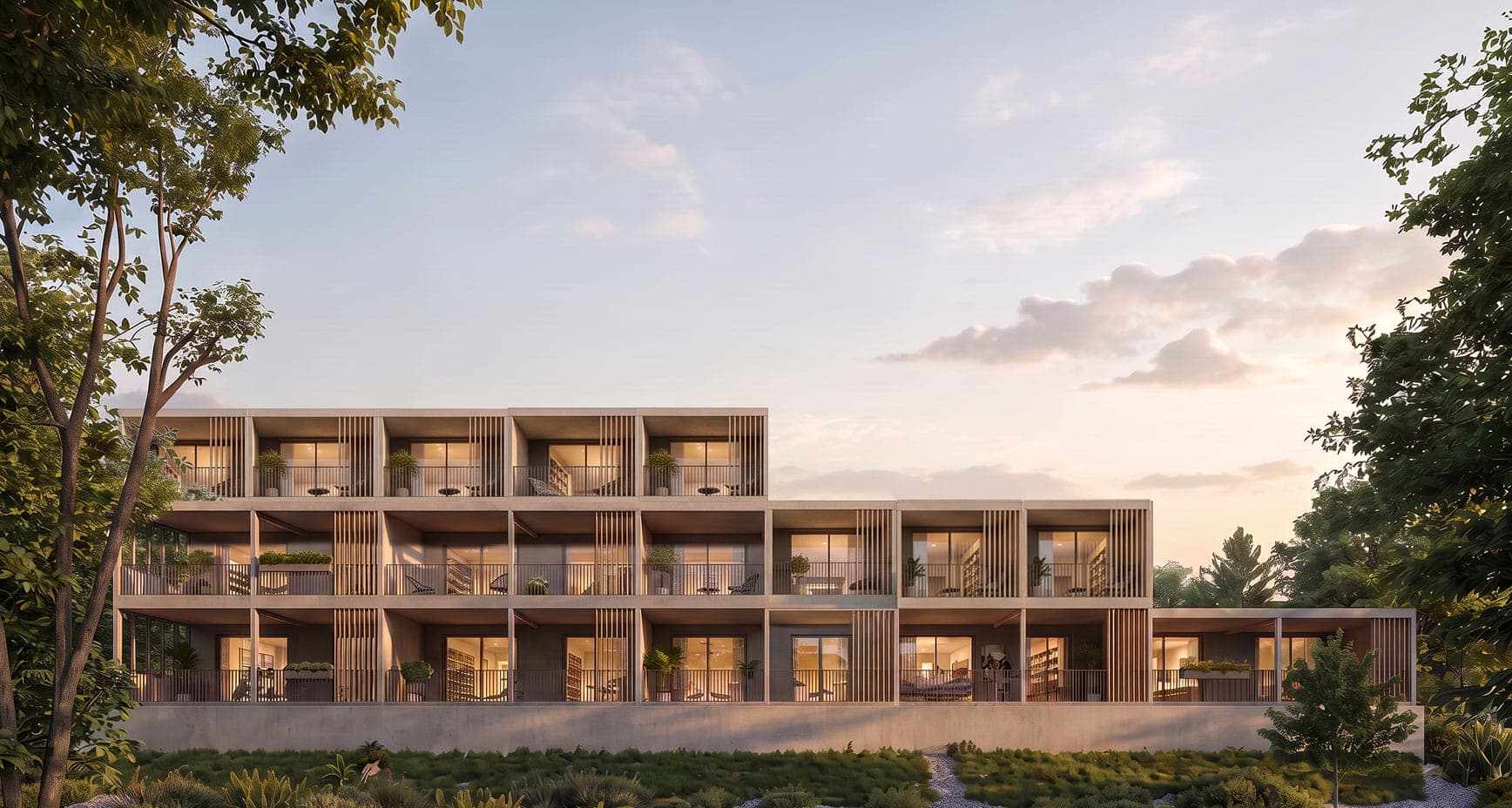 Photoreal POP UP modular residential building among trees at dusk