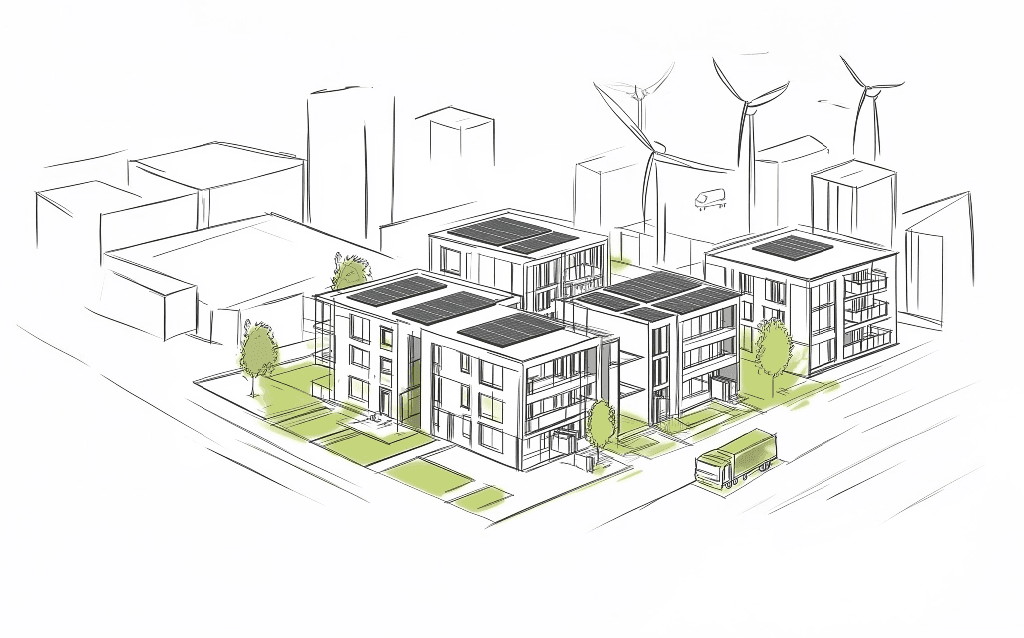 Technical illustration of sustainable buildings with solar panels and green roofs